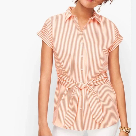 NWT Talbots Tie Waist Button Front Striped Orange and White Short Sleeve Top M - Picture 3 of 16